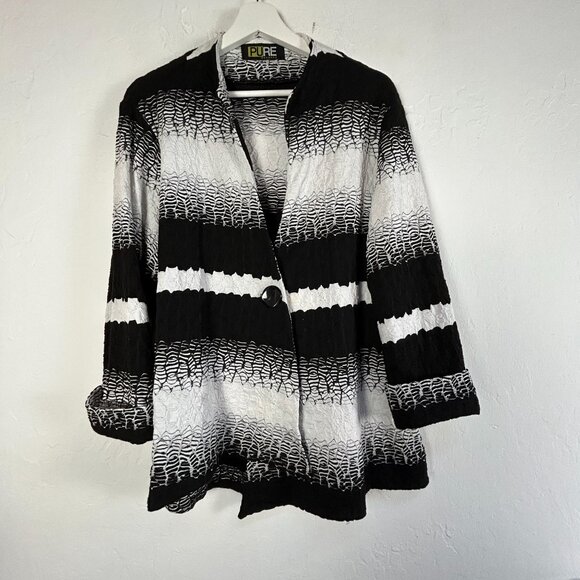 Pure Essence Womens Crinkle Textured Striped Button-Front Swing Jacket Black - Picture 1 of 7